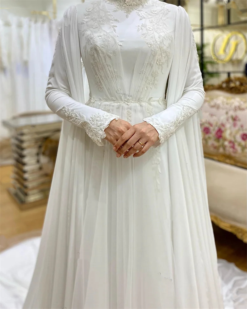 Muslim Elegant A Line Wedding Dresses for Bride High Neck Chiffon Abaya Robe Long Sleeves Hijab Islamic Bridal Gown with Cape baya