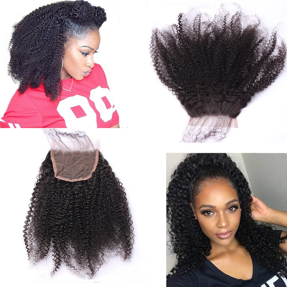 Afro Kinky Curly 4x4 Lace Closure Brazilian Virgin Human Hair Transparent Swiss Lace Free Part Pre Plucked with Baby Hair Natural Black