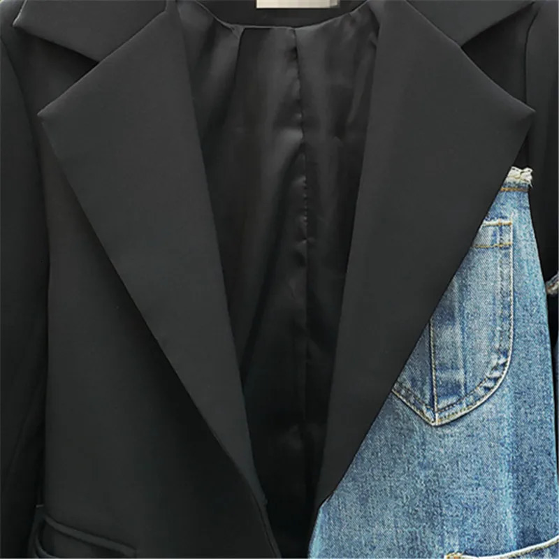 Women's Suits Blazers Denim Spliced Women Blazer Jacket High Quality Single Button Black Suit Jacket Loose Fashion Asymmetry Lady Blazer Coat 231