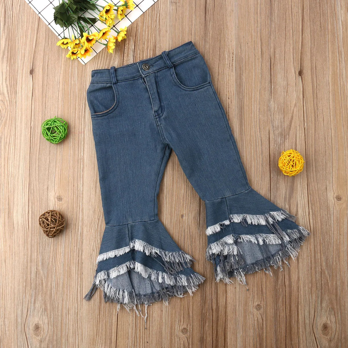 Jeans 2 7Years Fashion Toddler Kids Girls Tassel Flare Longpants Denim Ruffle Pants Boot Cut Trousers Slacks Autumn Winter 231213