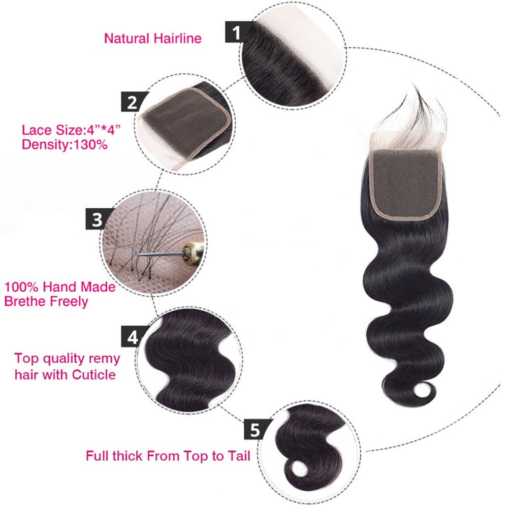 Body Wave 4x4 Lace Closure Brazilian Virgin Human Hair Transparent Swiss Lace Free Part Pre Plucked with Baby Hair Natural Black