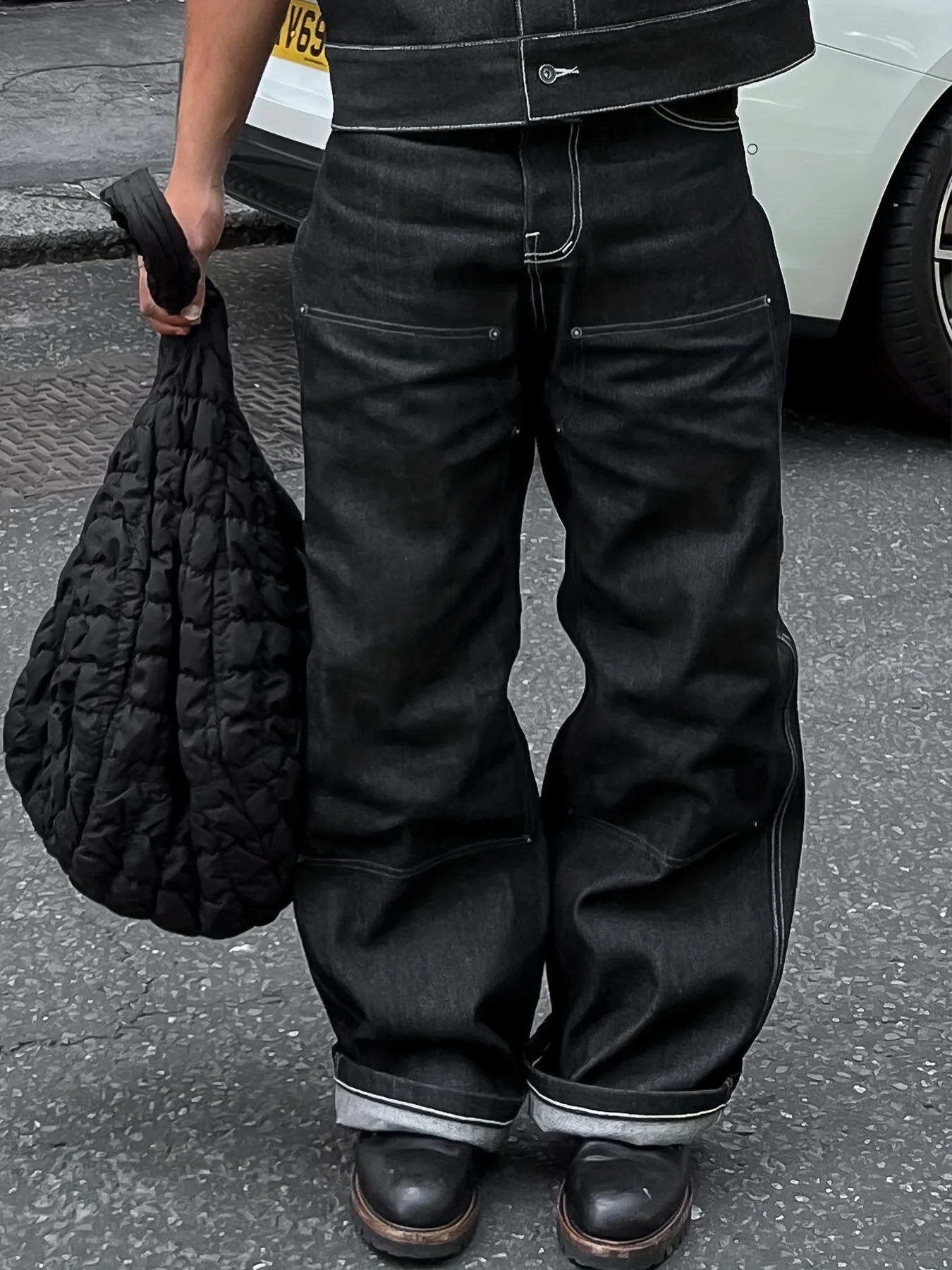 Men's Jeans Multi Pocket Baggy Wide Leg For Men Y2k High Street Black Loose Casual Pants HipHop Fashion Workwear 231213