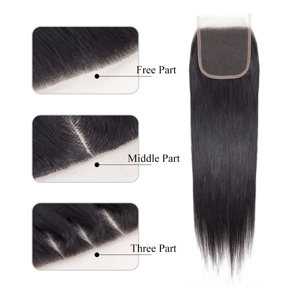 Straight 4X4 Closure Brazilian Virgin Human Transparent Swiss Lace Free Part Pre Plucked With Baby Hair Natural Black