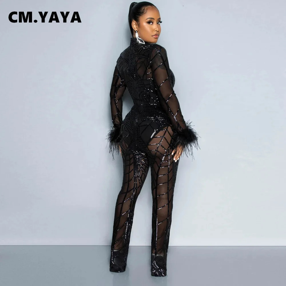 Women's Jumpsuits Rompers Cm.Yaya Women Mesh See Though Sequined Striped Wide Leg Jumpsuit Sexy Party Feather Sleeve Suit Romper Playsuit 231213