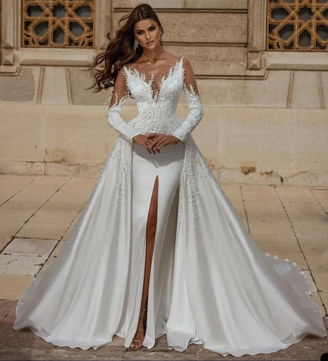 Arabic Dubai Pearls Wedding Dresses Mermaid Sheer Beading Bridal Gowns Custom Made Split Detachable Train Vestidos De Noiva YD 328