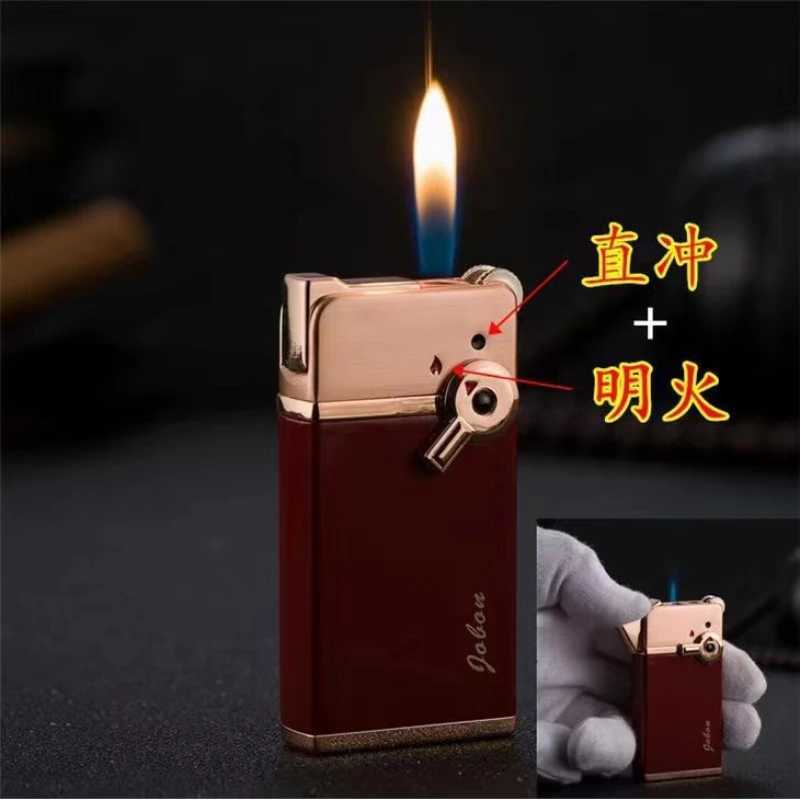 Jobon Two Flameswindproof Blue Jet + Open Flame Lighter Metal No Gas Inflatable Grinding Wheel Smoking Gift Box W260202