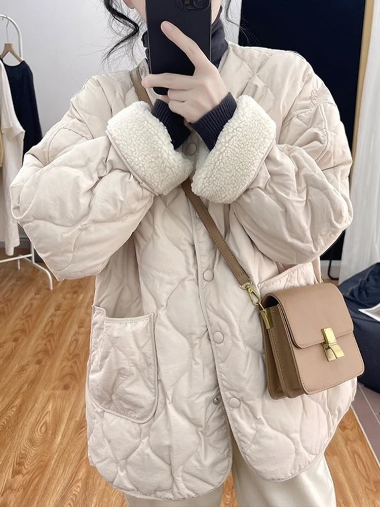 Women's Down Parkas Lambwool Down Coats Women Autumn Winter Thicken Warm Cotton Padded Jackets Korean Fashion Casual Loose Single Breasted Outerw