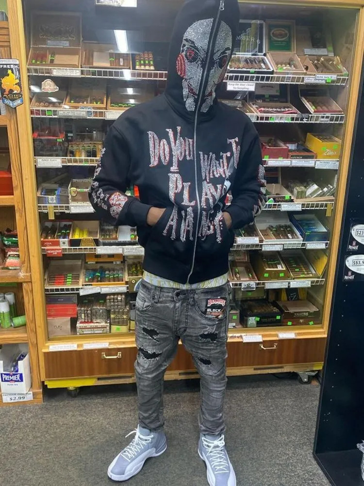Men's Hoodies Sweatshirts Men Y2K Fashion Hoodie Letter Pattern Rhinestones Hoodie Clothes Hoodies Goth Grunge Long Sleeve Women Sweatshirt Overs