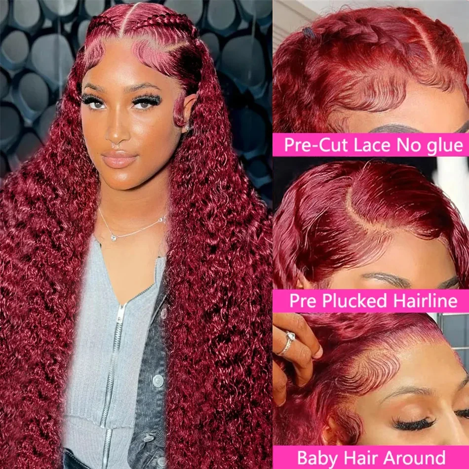 Free shipping 99j Burgandy Deep Wave 13x4 Front Human Hair Wigs Brazilian Remy 180% Red Colored Curly Lace Frontal Glueless Synthetic Wig For Women