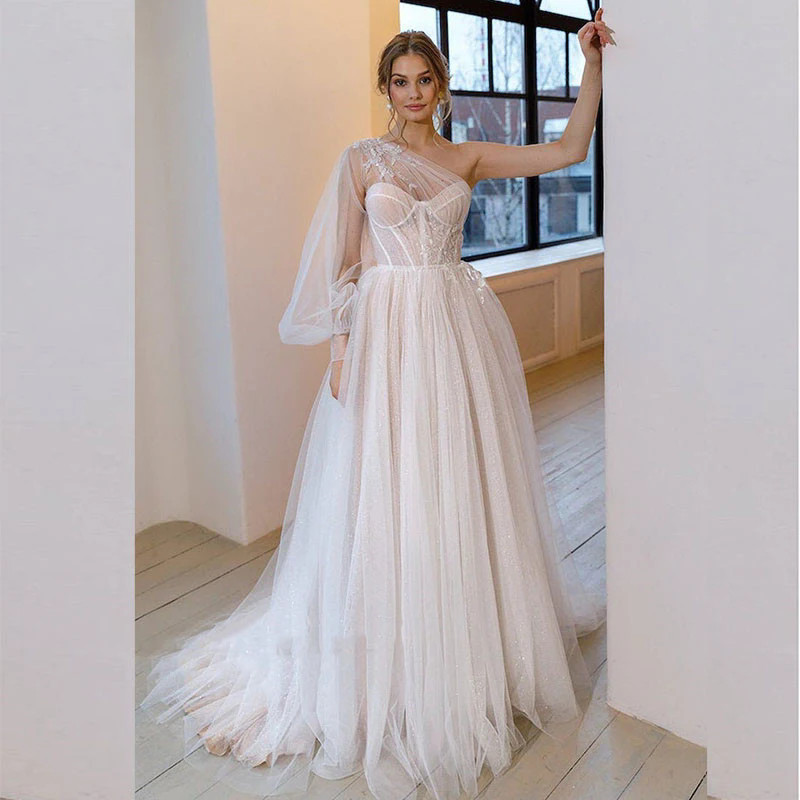2024 Beach Champagne Wedding Dress A-e One Shoulder Sexy Lace Vestidos Novia Corset Boho Bridal Gowns Robe De Mairee YD 328