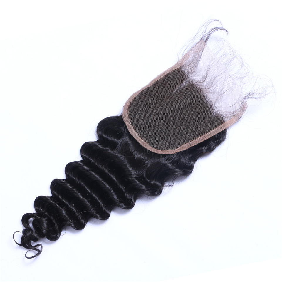 Deep Wave 4x4 Lace Closure Brazilian Virgin Human Hair Transparent Swiss Lace Free Part Pre Plucked with Baby Hair Natural Black