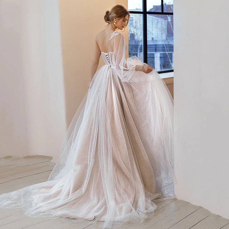 2024 Beach Champagne Wedding Dress A-e One Shoulder Sexy Lace Vestidos Novia Corset Boho Bridal Gowns Robe De Mairee YD 328