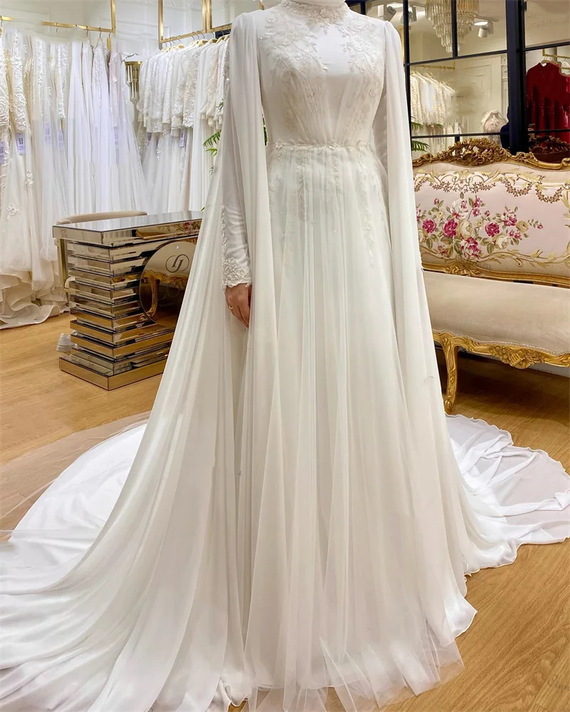 Muslim Elegant A Line Wedding Dresses for Bride High Neck Chiffon Abaya Robe Long Sleeves Hijab Islamic Bridal Gown with Cape baya