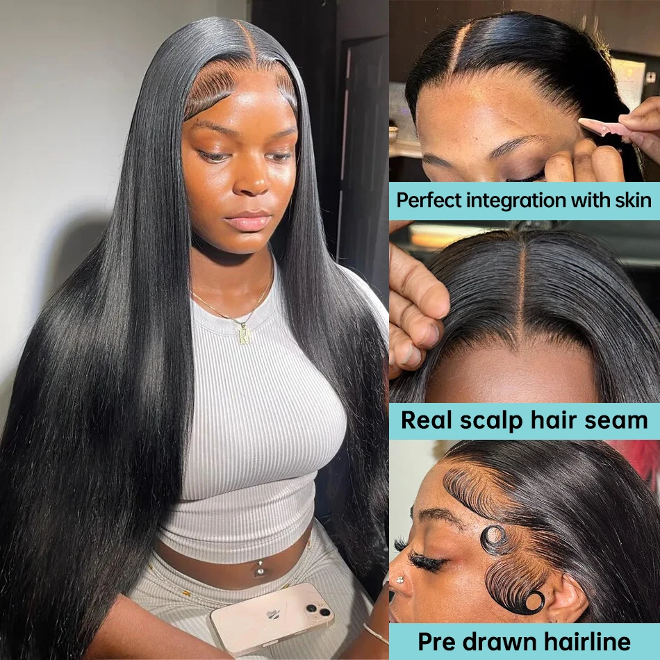 Hd 250 Density Peruvian Straight Glueless Front Human Hair Ready To Wear Black Wig 40 Inch 360 Lace Frontal Wigs free shipping
