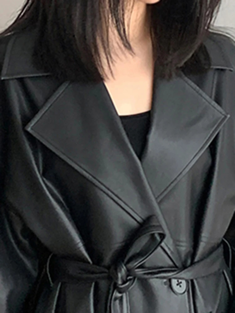 Women's Trench Coats Lautaro Spring Autumn Long Oversized Black Leather Trench Coat for Women Sashes Single Button Loose Stylish Korean Fashion 2