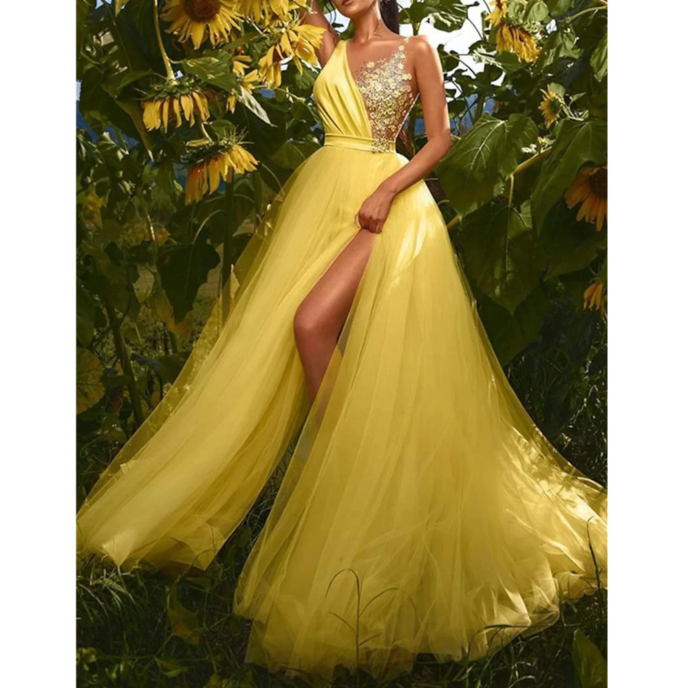 Sexy Daffodil A-e Prom Dress Sleeveless V Neck wers Tulle Evening Formal Engagement Gowns Arabic Dubai Robe De Soiree YD