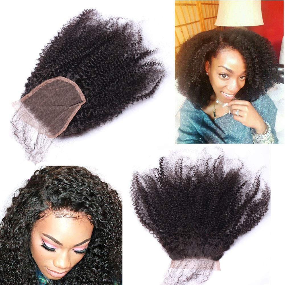 Afro Kinky Curly 4x4 Lace Closure Brazilian Virgin Human Hair Transparent Swiss Lace Free Part Pre Plucked with Baby Hair Natural Black