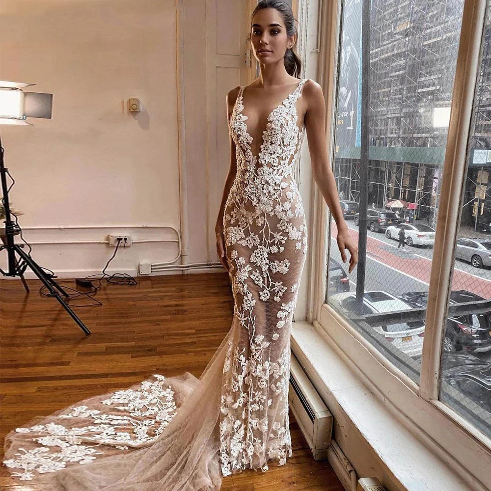 Boho Wedding Beach Mermaid Dresses Lace Appliques Deep V Neck Illusion Sexy Bridal Gowns Summer Sleeveless Long Women Dress