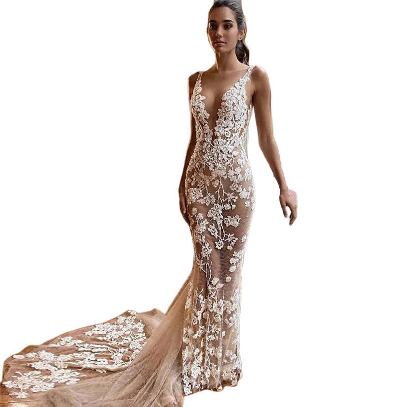 Boho Wedding Beach Mermaid Dresses Lace Appliques Deep V Neck Illusion Sexy Bridal Gowns Summer Sleeveless Long Women Dress
