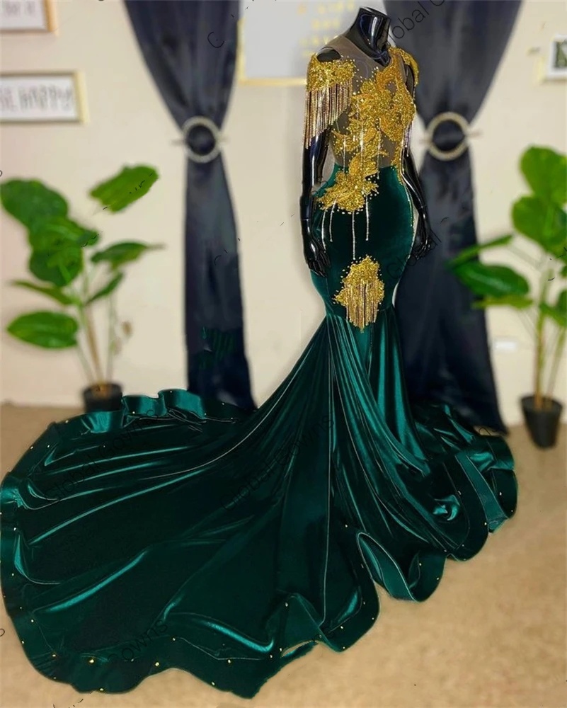 O Neck Sheer Green Long Prom Dress for Black Girls 2024 Beaded Tassel Birthday Party Dresses Gold Appliques Evening Gowns Robe es