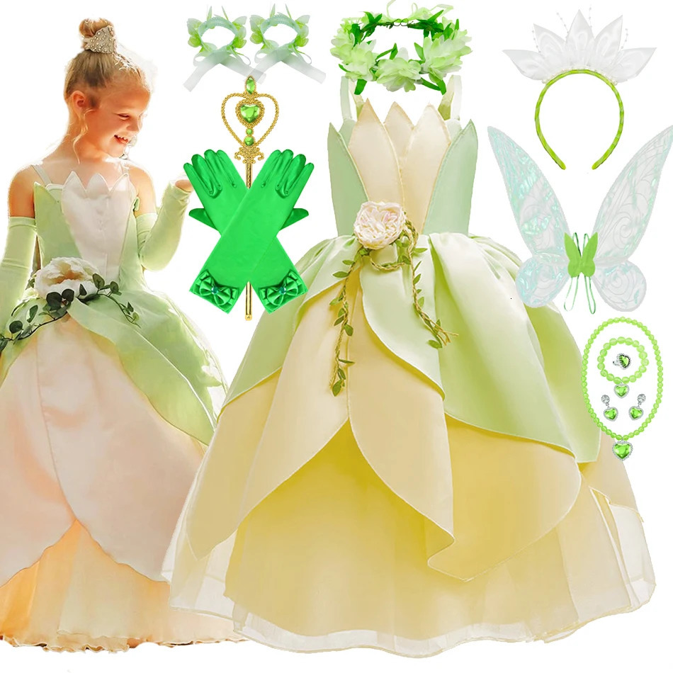 Girl's Dresses Tiana Cosplay Costume for Girls Fancy Princess Cosplay The Frog Dress Carnival Birthday Party Kids Frock Ball Gowns Clothes 2-11 2