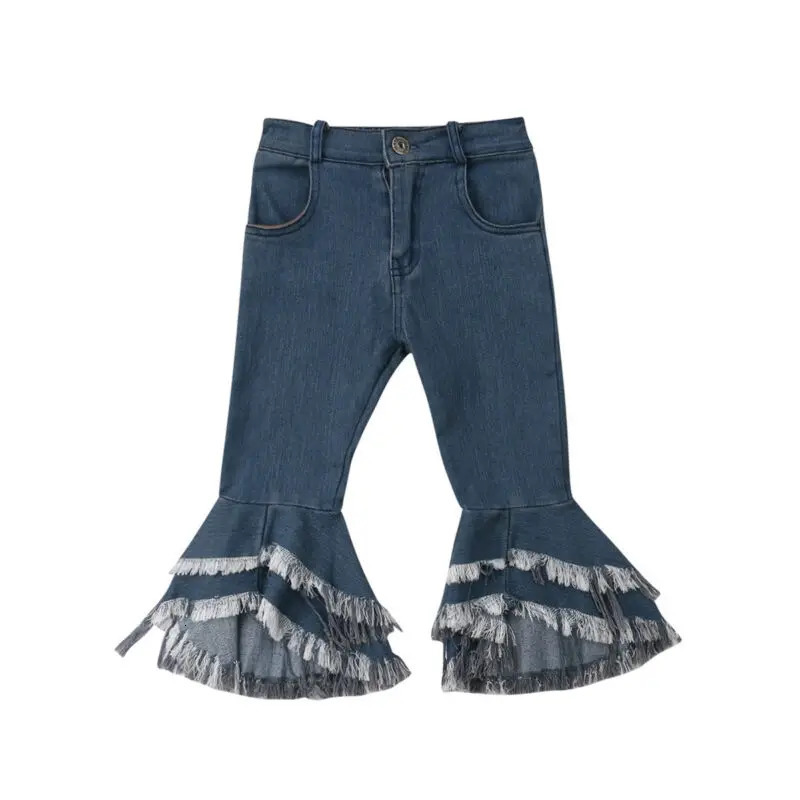 Jeans 2 7Years Fashion Toddler Kids Girls Tassel Flare Longpants Denim Ruffle Pants Boot Cut Trousers Slacks Autumn Winter 231213
