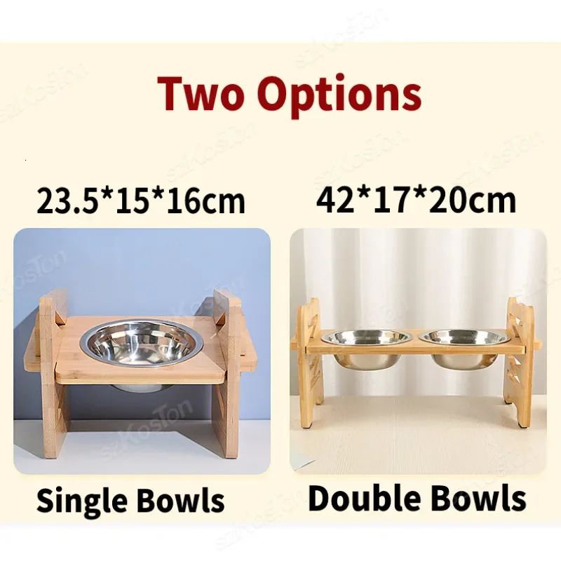 Dog Bowls Feeders Dog Bowls Bamboo Tilted Adjustable Elevated Dogs Feeder Stand with Stainless Steel Food Water Bowls for Dog Cats Pet Accessories 231