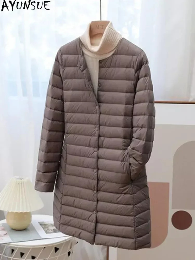 Women's Down Parkas AYUNSUE Winter Ultra Light Thin Duck Down Coat Women Spring Long Slim Warm Basic Quilted Puffer Jacket ED1957L 231213