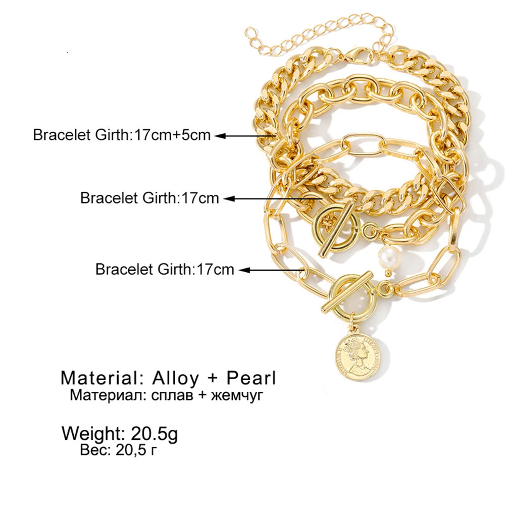 Chain KISSWIFE Gold Cuban Chain Bracelet Handmade Squeezed Thick Chain Coin Pendant Bracelet Suitable for Womens Fashion Jewelry 231213
