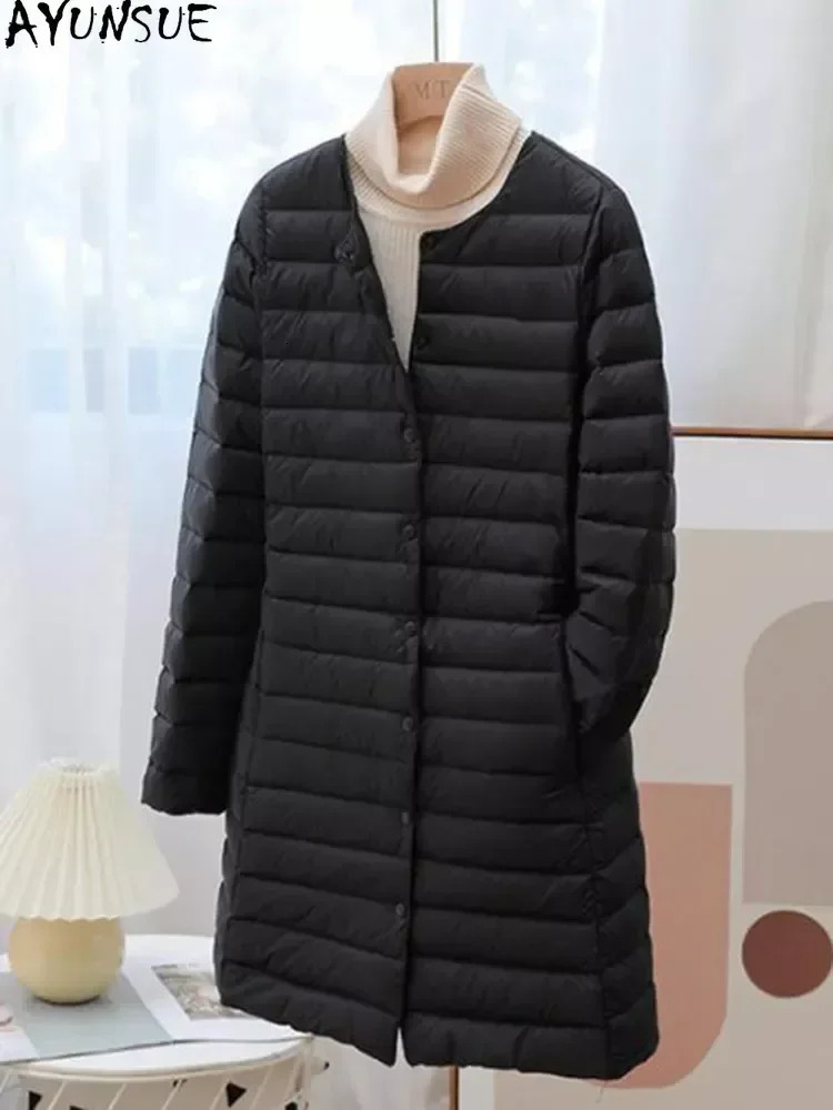 Women's Down Parkas AYUNSUE Winter Ultra Light Thin Duck Down Coat Women Spring Long Slim Warm Basic Quilted Puffer Jacket ED1957L 231213