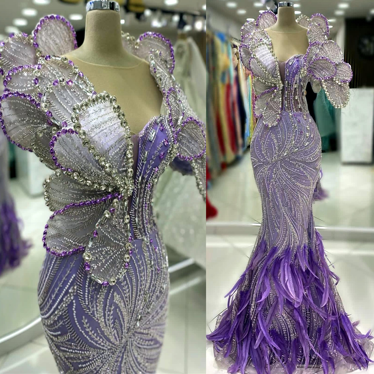 2024 Aso Ebi Lavender Mermaid Prom Dress Beaded Crystals Feather Evening Formal Party Second Reception Birthday Engagement Gowns Dresses Robe De Soire