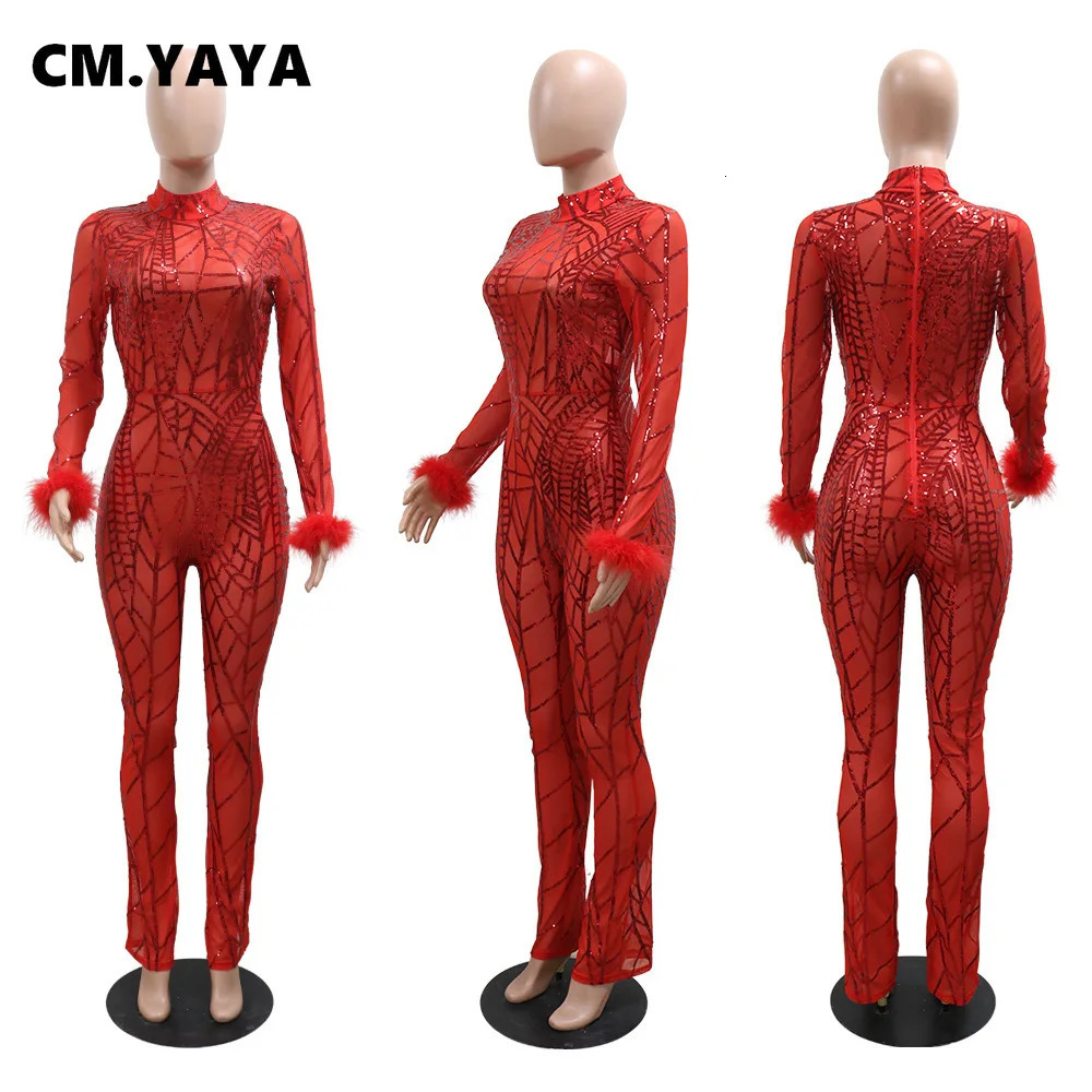 Women's Jumpsuits Rompers Cm.Yaya Women Mesh See Though Sequined Striped Wide Leg Jumpsuit Sexy Party Feather Sleeve Suit Romper Playsuit 231213