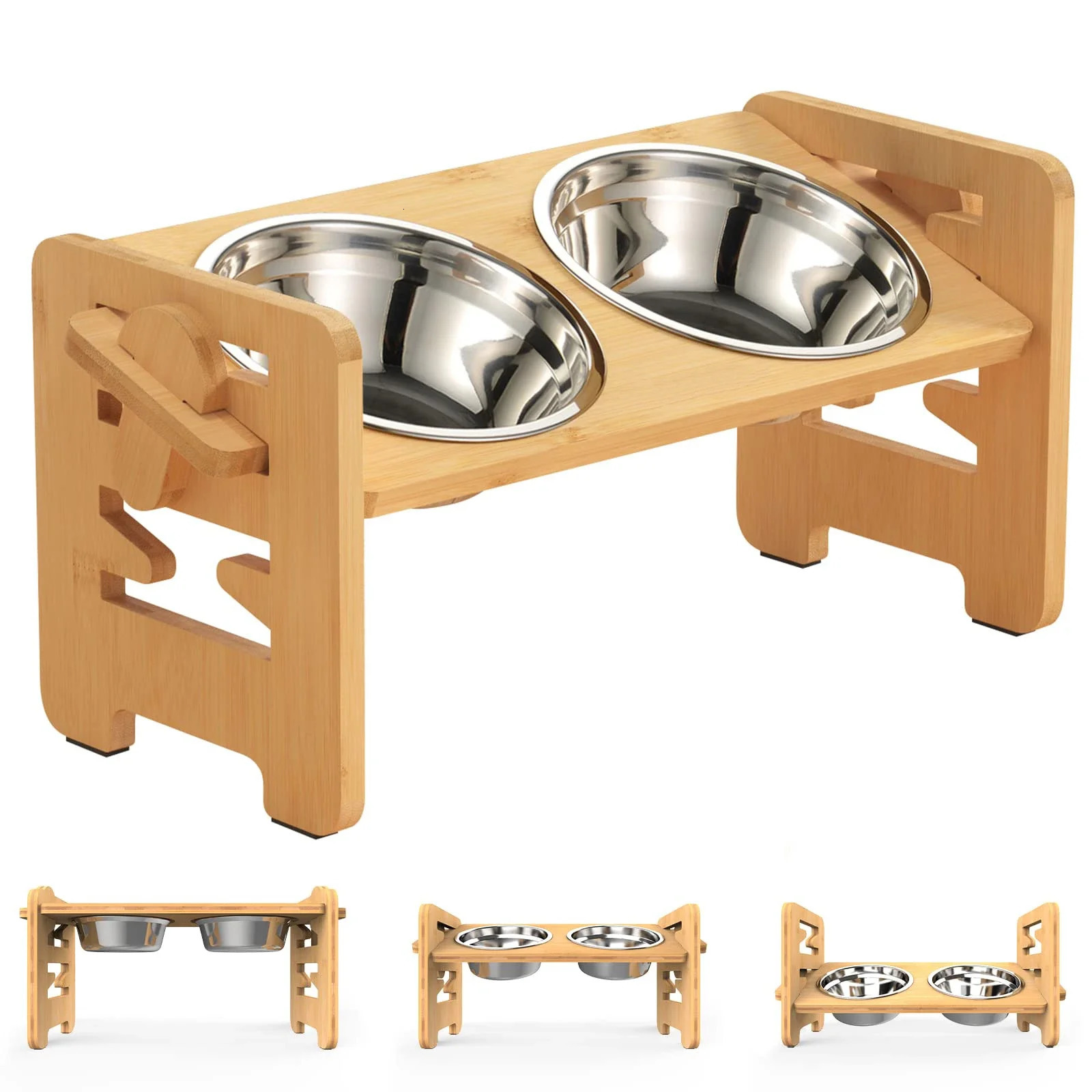 Dog Bowls Feeders Dog Bowls Bamboo Tilted Adjustable Elevated Dogs Feeder Stand with Stainless Steel Food Water Bowls for Dog Cats Pet Accessories 231
