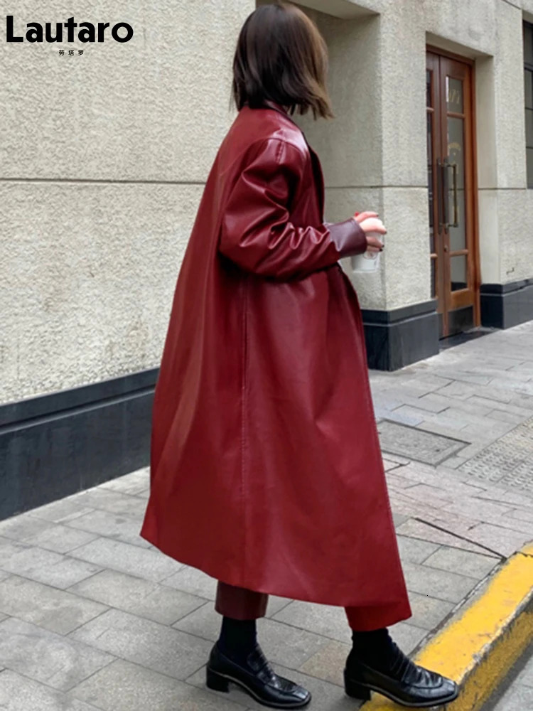 Women's Trench Coats Lautaro Autumn Long Oversized Wine Red Leather Trench Coat for Women Long Sleeve Lapel Loose Casual Stylish Korean Fashion 2