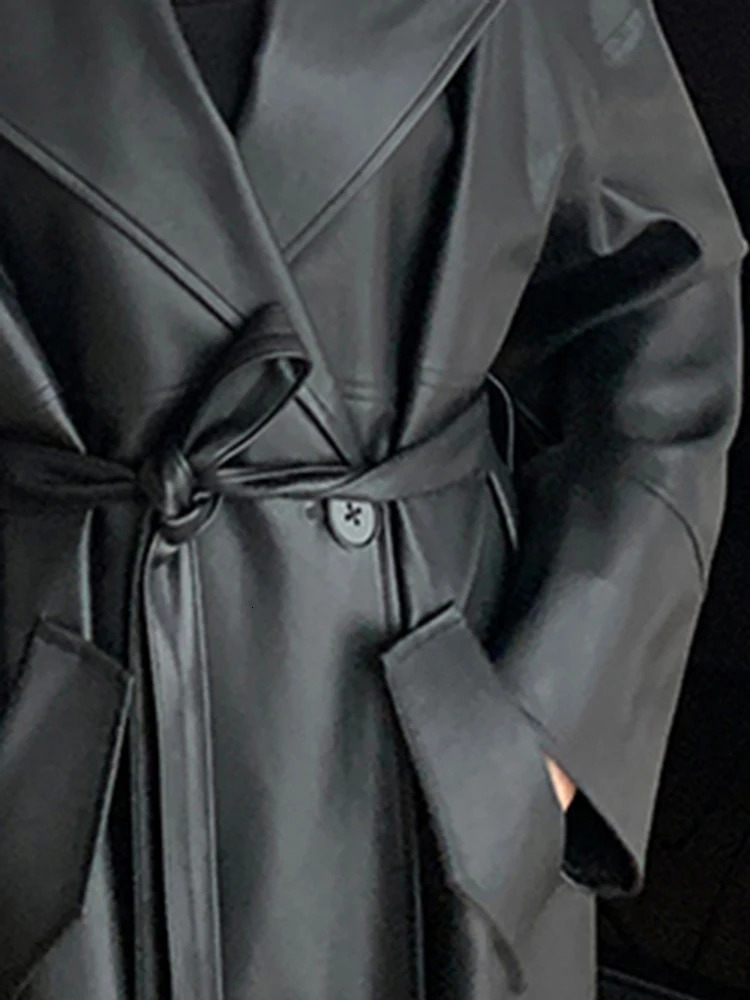 Women's Trench Coats Lautaro Spring Autumn Long Oversized Black Leather Trench Coat for Women Sashes Single Button Loose Stylish Korean Fashion 2