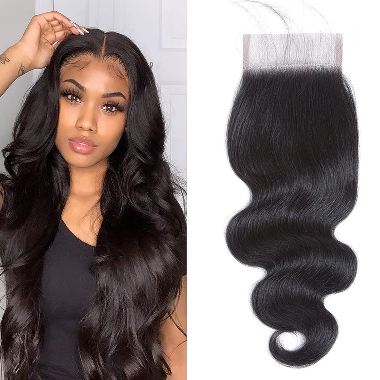 Body Wave 4x4 Lace Closure Brazilian Virgin Human Hair Transparent Swiss Lace Free Part Pre Plucked with Baby Hair Natural Black