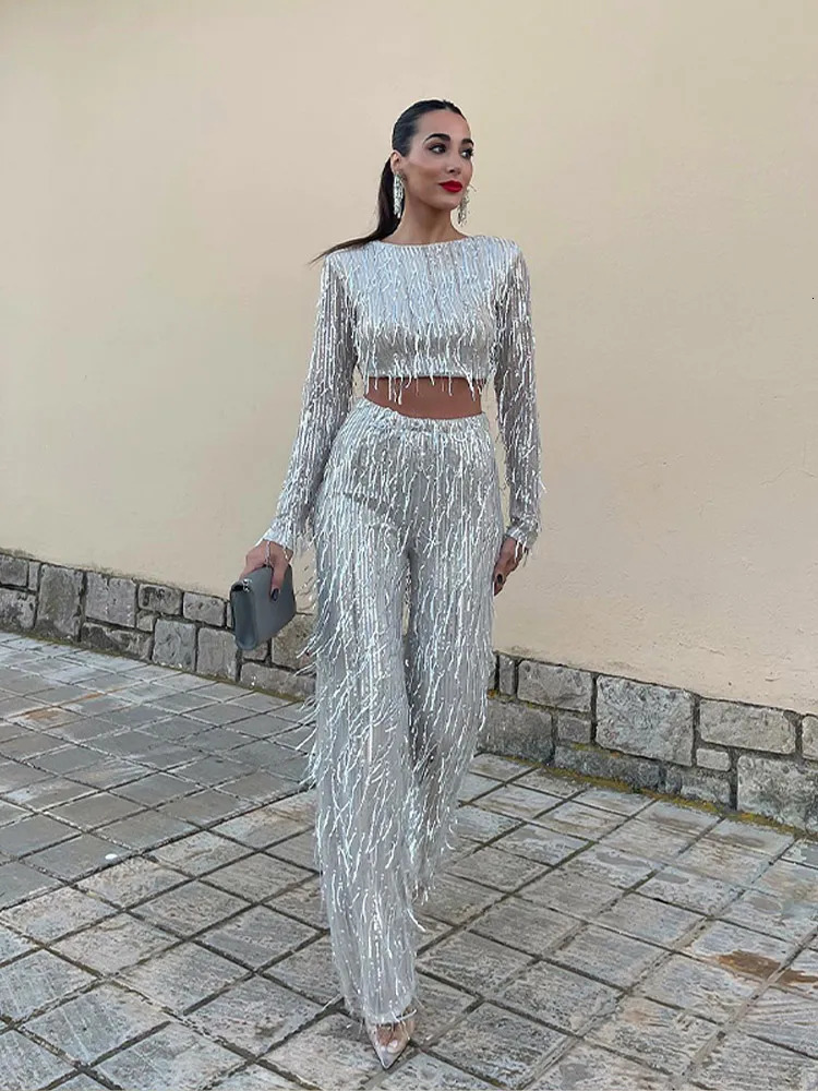 Women's Pants s Tassel Sequin Women 2 Piece Set Autumn Silver Bright Silk O neck Crop Tops Wide Leg Female Suit Fashion Street Lady Sets 231213