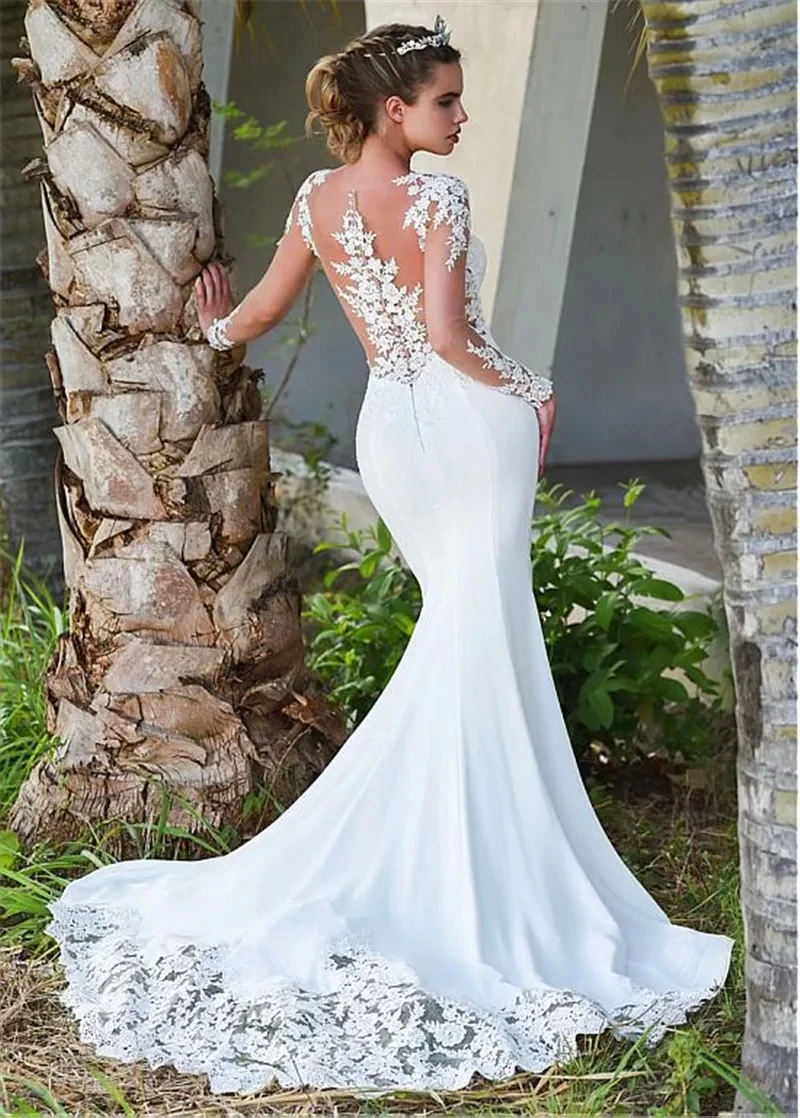 Bohemian Mermaid Wedding Dresses Sexy Sheer Backless Bride Dress With Illusion Long Sleeves Crew Neck Boho Beach Bridal Gowns 2024 Vestidos robe de ma