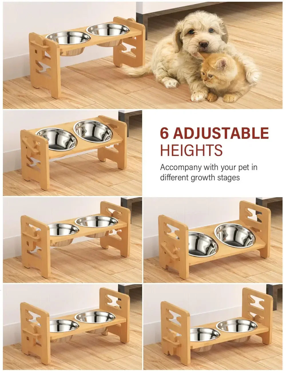 Dog Bowls Feeders Dog Bowls Bamboo Tilted Adjustable Elevated Dogs Feeder Stand with Stainless Steel Food Water Bowls for Dog Cats Pet Accessories 231