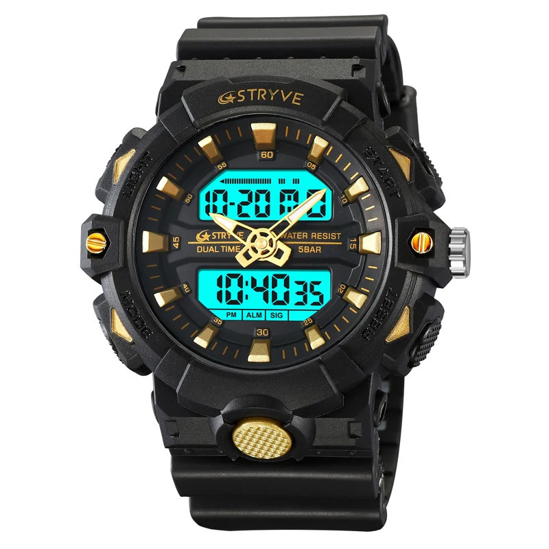 Wristwatches STRYVE Sport Watch Men Alarm Chronograph Clock Stopwatch LED Date-Day Dual Time Zone Waterproof 5Bar Men's Watches 8028 231213