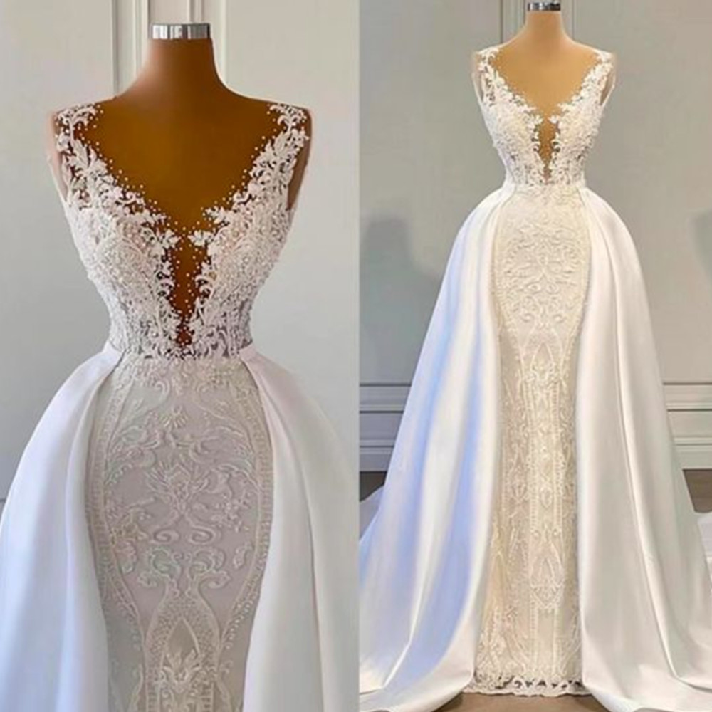 Arabic Dubai Wedding Dresses 2024 Appliques Lace V-Neck Sleeveless Bridal Gowns Church Train Vestidos De Novia Yd003 328