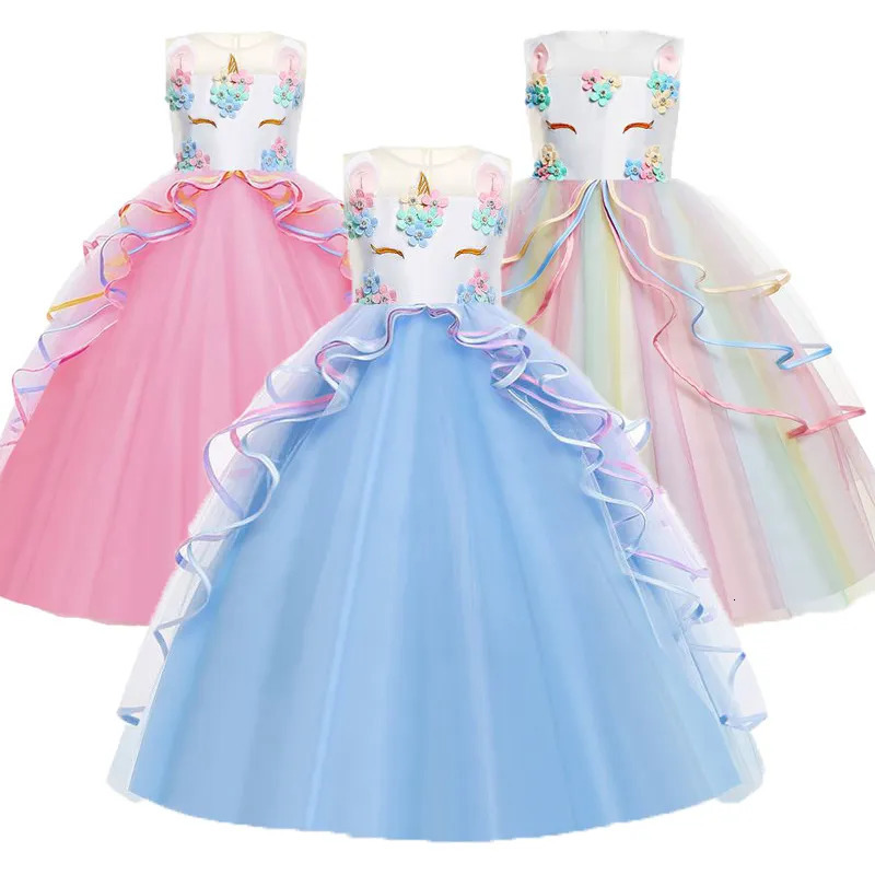 Girl's Dresses Unicorn Dress For Girls Birthday Party Clothes Embroidery Flower Ball Gown For Kids Rainbow Formal Princess Children Costume 23121