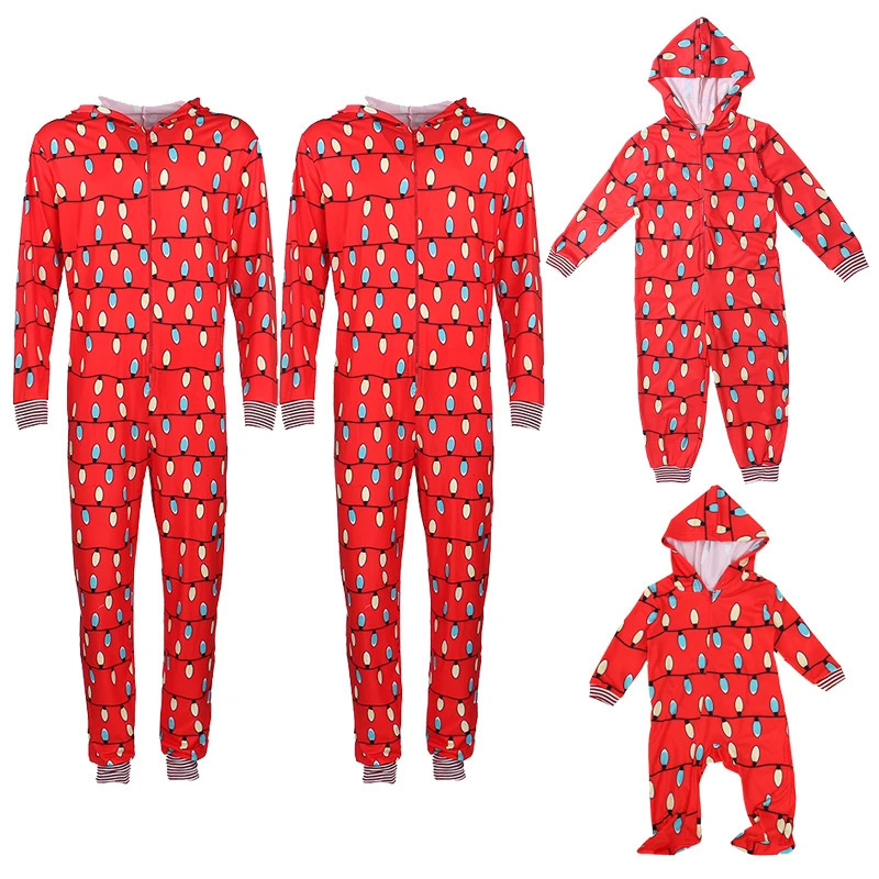 Family Matching Outfits Christmas Pajamas Onesis Parent-Child Matching Sleepwear Jumpsuit String Lights Pattern Zipper Xmas Romper with Hood for Famil