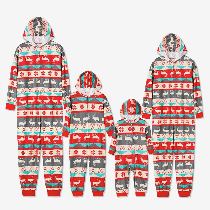 Family Matching Outfits Christmas Onesis Parent-child Sleepwear Jumpsuit Red Elk Print Pattern Long Sleeve Hooded Nightwear Nightclothes Xmas Outfit 2