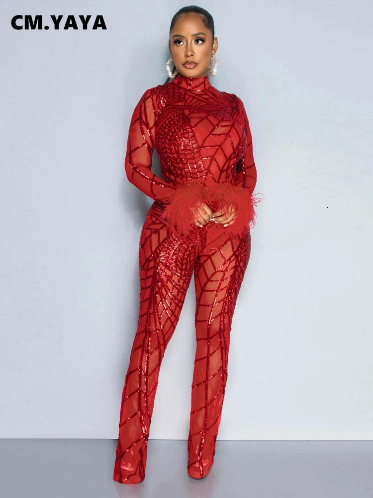Women's Jumpsuits Rompers Cm.Yaya Women Mesh See Though Sequined Striped Wide Leg Jumpsuit Sexy Party Feather Sleeve Suit Romper Playsuit 231213