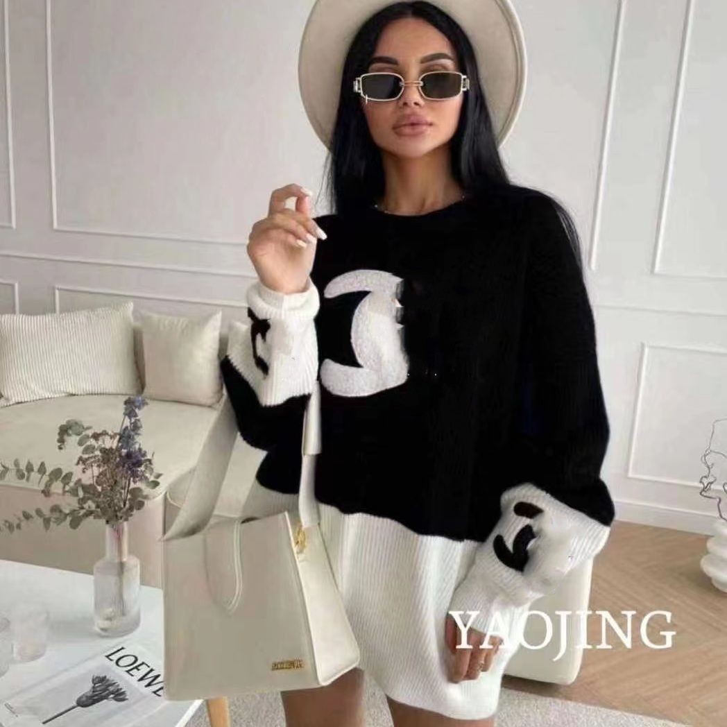 New design women's color block logo embroidery knitted loose medium long sweater jumpers SMLXL