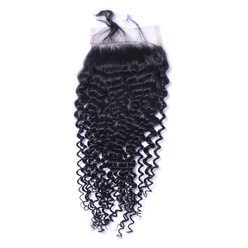 Brazilian Kinky Curly Human Virgin Hair 3 Bundles With 4x4 Lace Closure Bleached Knots 100g/pc Natural Black Color 1B Double Wefts Hair Extensions
