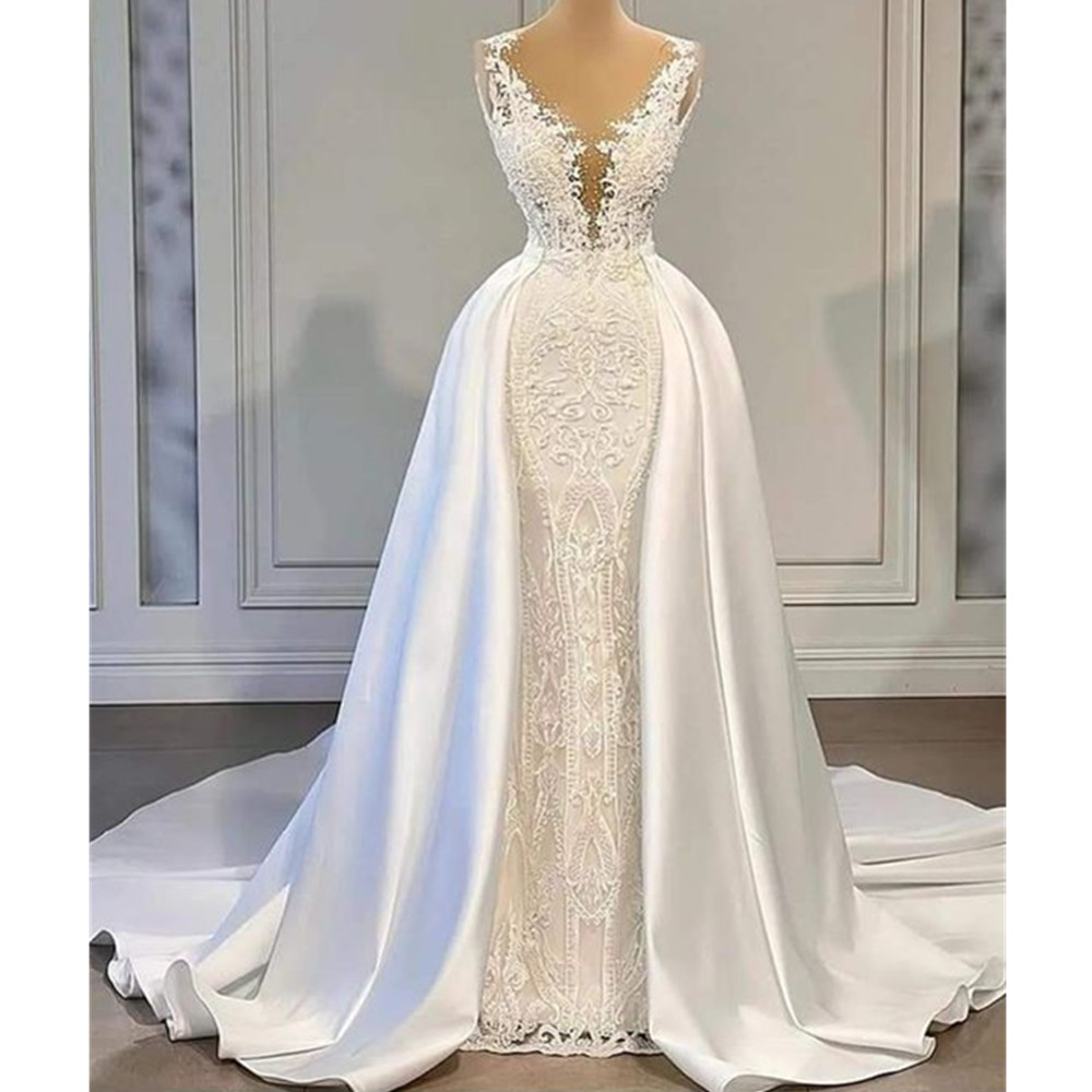 Arabic Dubai Wedding Dresses 2024 Appliques Lace V-Neck Sleeveless Bridal Gowns Church Train Vestidos De Novia Yd003 328