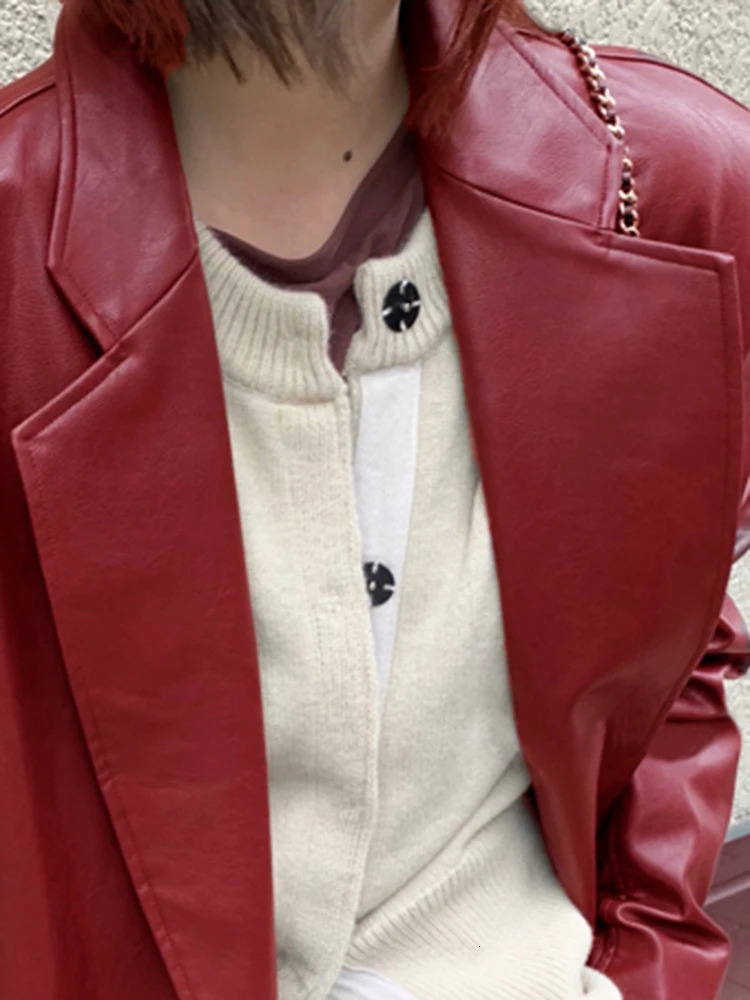 Women's Trench Coats Lautaro Autumn Long Oversized Wine Red Leather Trench Coat for Women Long Sleeve Lapel Loose Casual Stylish Korean Fashion 2