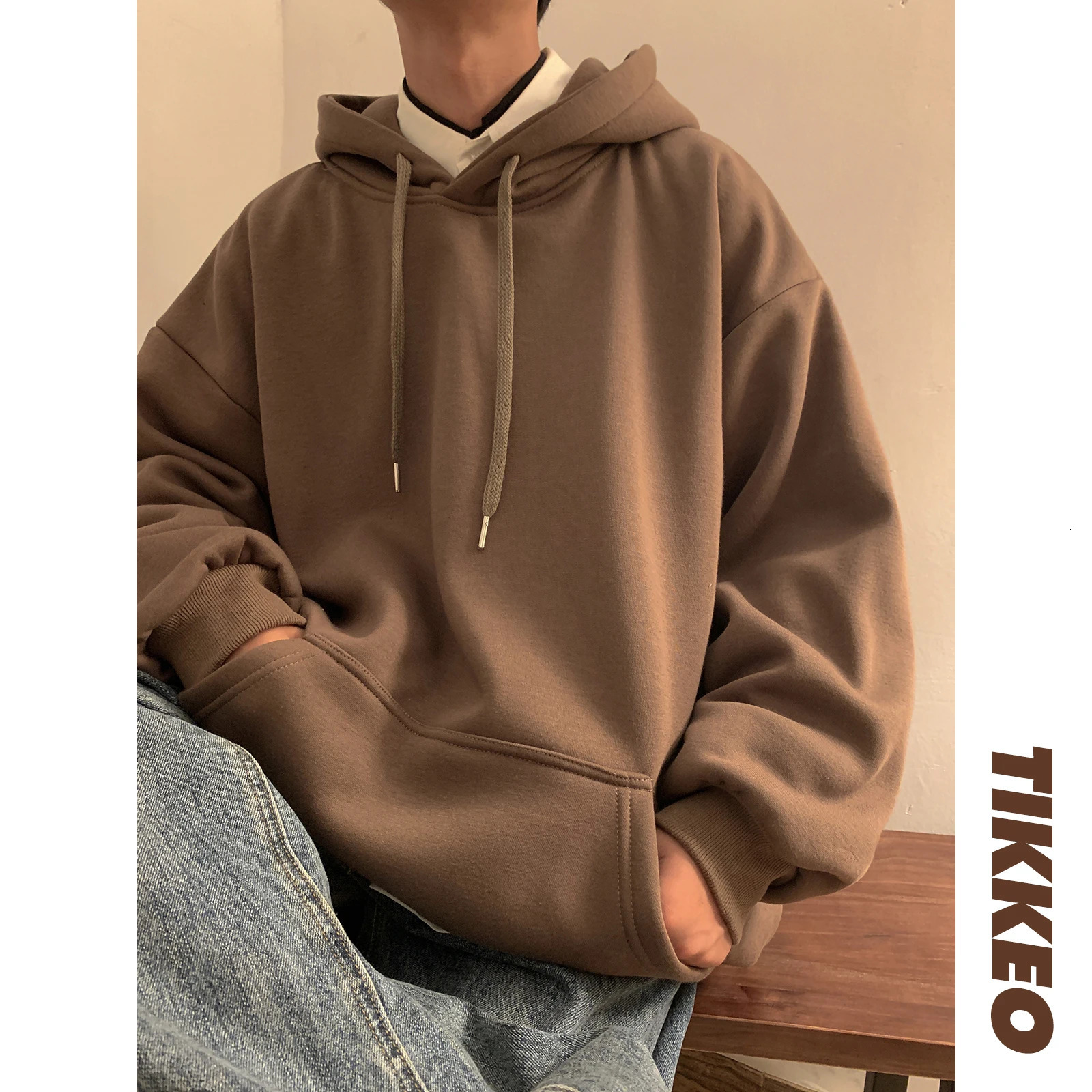 Mens Hoodies Sweatshirts Extfine Autumn Y2k Pullover Hooded Oversize Hoody Sweatshirt Tops Solid Drop Shoulder Harajuku Streetwear Male Clothes 231214